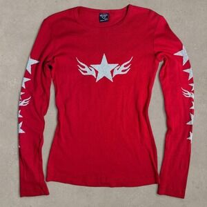 Vintage Sledge USA Red Star Flame Shirt Womens L Y2K Long Sleeve Made in USA